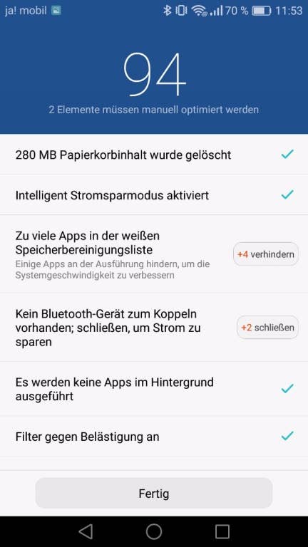 Das Menü des Huawei P9