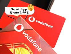 Vodafone SIM-Karten im Hintergrund, vorn ein Textfeld mit Verweis auf den günstigen Preis von nur 4,99 Euro