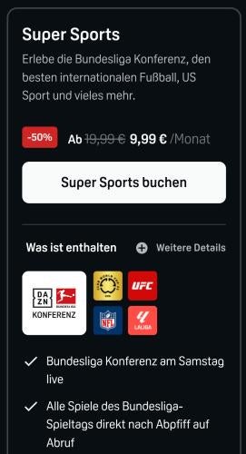 Screenshot eines DAZN-Angebots für 9,99 Euro (50 Prozent Rabatt) mit Bundesliga-Infos