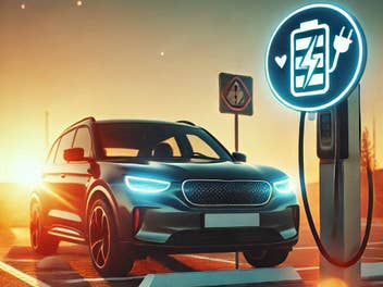 E-Auto an einer Ladesäule im Sonnenaufgang.