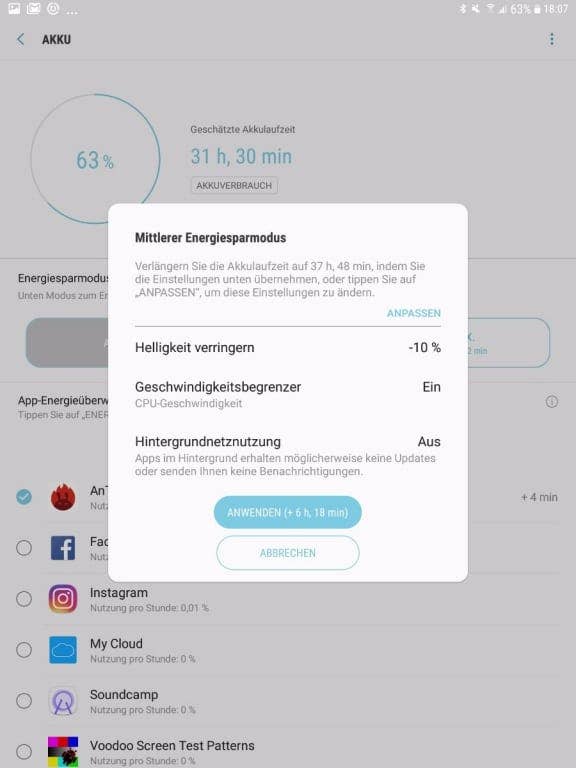 Der Akkumanager im Samsung Galaxy Tab S3