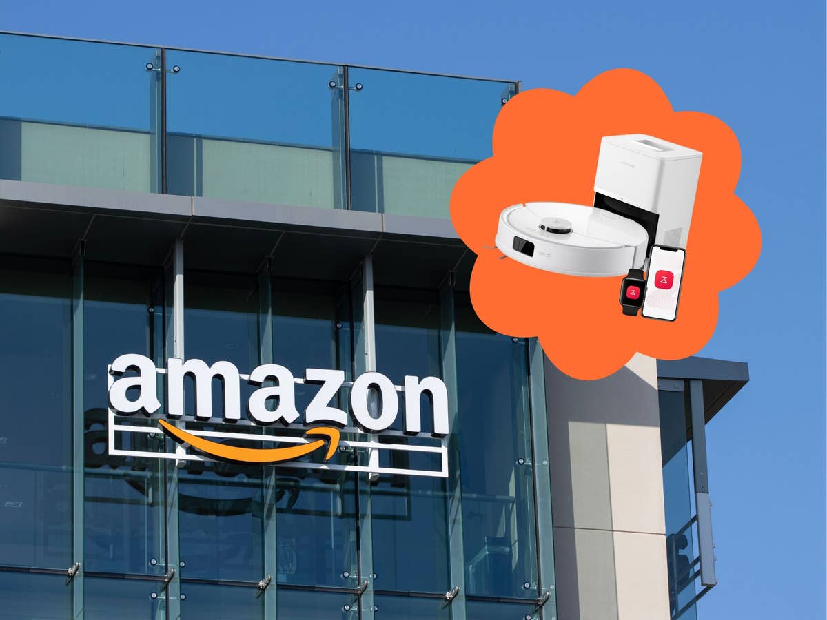 Der beste Preis jemals: Amazon schmeißt Roborock-Saugroboter für unter 200 Euro raus Ein Amazon-Gebäude und davor ist ein Roborock-Saugroboter zu sehen.