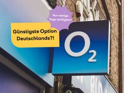 O2-Logo auf einem Schild, davor der Hinweis auf ein aktuelles Angebot, welches nur wenige Tage gilt