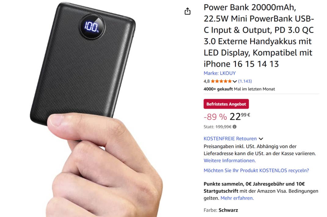Der hohe Rabatt für die Powerbank bei Amazon hat uns stutzig gemacht