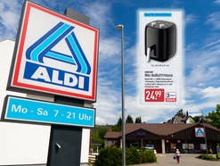 Aldi-Gebäude von außen, Aldi-Fritteuse-Screenshot aus dem Prospekt Collage