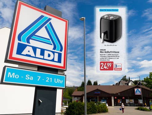 Aldi-Gebäude von außen, Aldi-Fritteuse-Screenshot aus dem Prospekt Collage