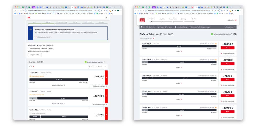 Deutsche Bahn Website vorher vs nachher