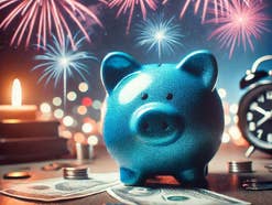 Blaues Sparschwein vor einem Feuerwerk.