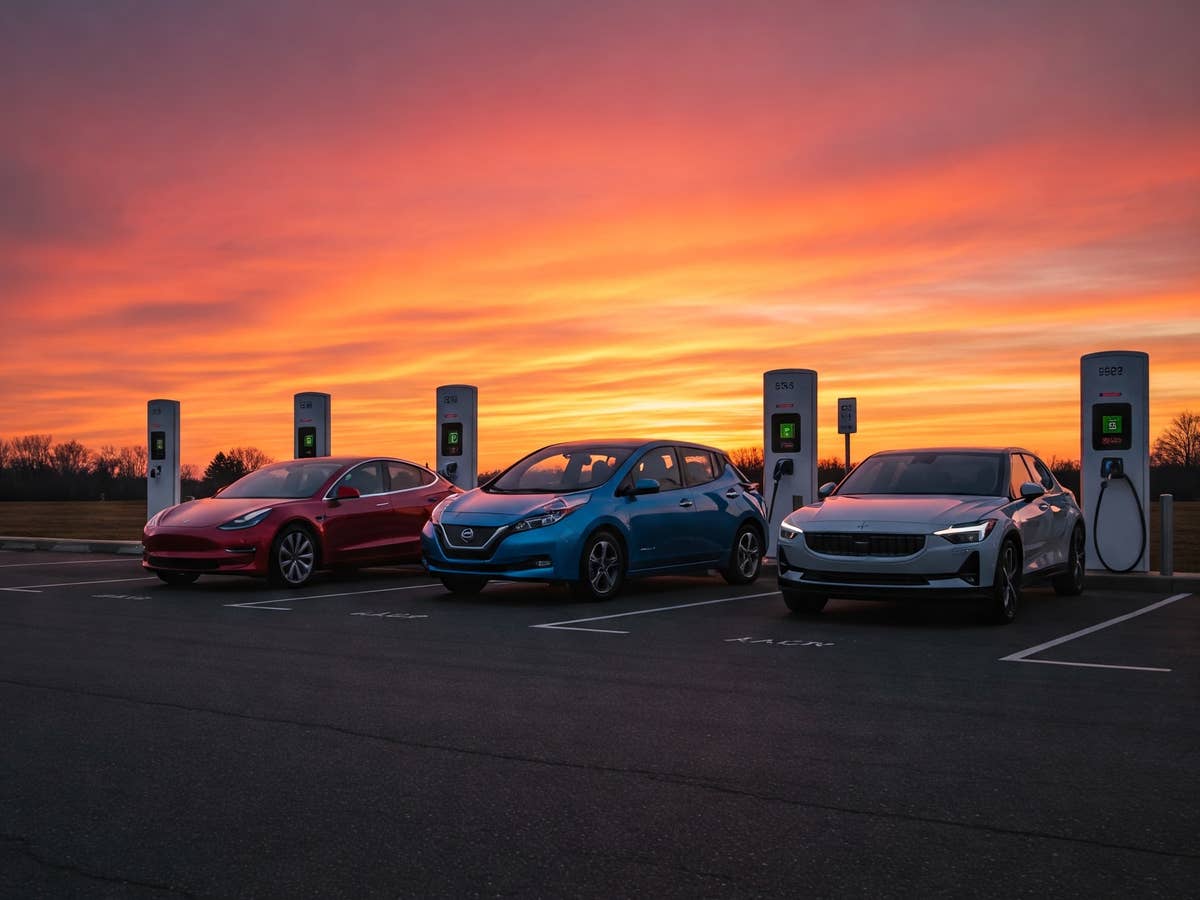E-Autos an Ladesäulen im Sonnenaufgang.