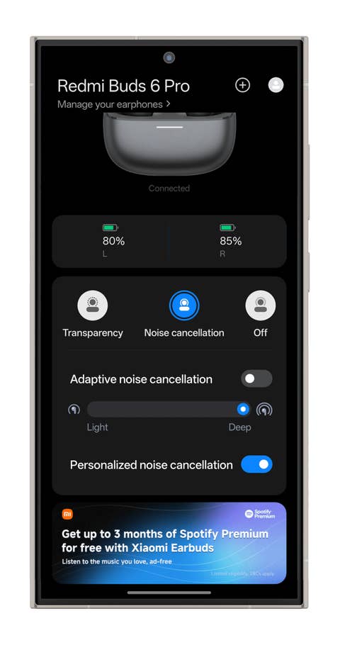 Die aktive Geräuschunterdrückung der Redmi Buds 6 Pro kann manuell oder automatisch eingestellt werden