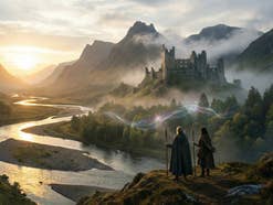 Zwei Männer schauen auf einen Fluss herab