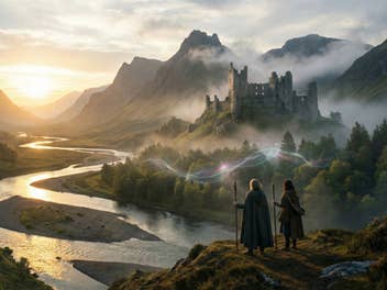 Zwei Männer schauen auf einen Fluss herab