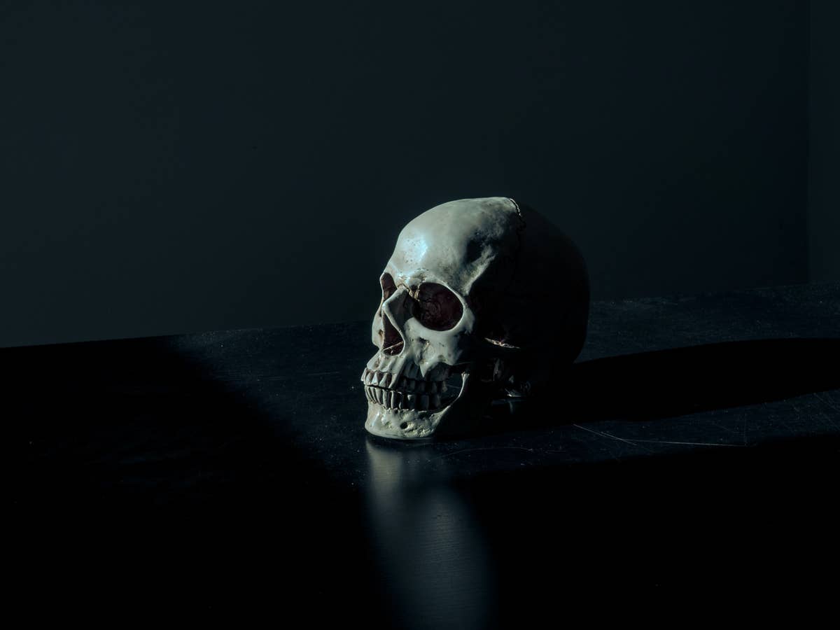 Ein Totenschädel steht in einem dunklen Raum.