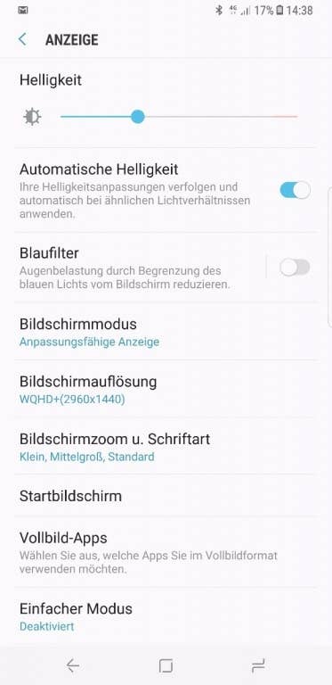 Die Display-Einstellungen des Samsung Galaxy S8+
