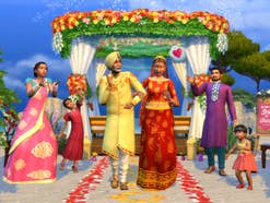 Ein Bild aus Die Sims 4, welches zwei Sims auf einer Hochzeit zeigt.