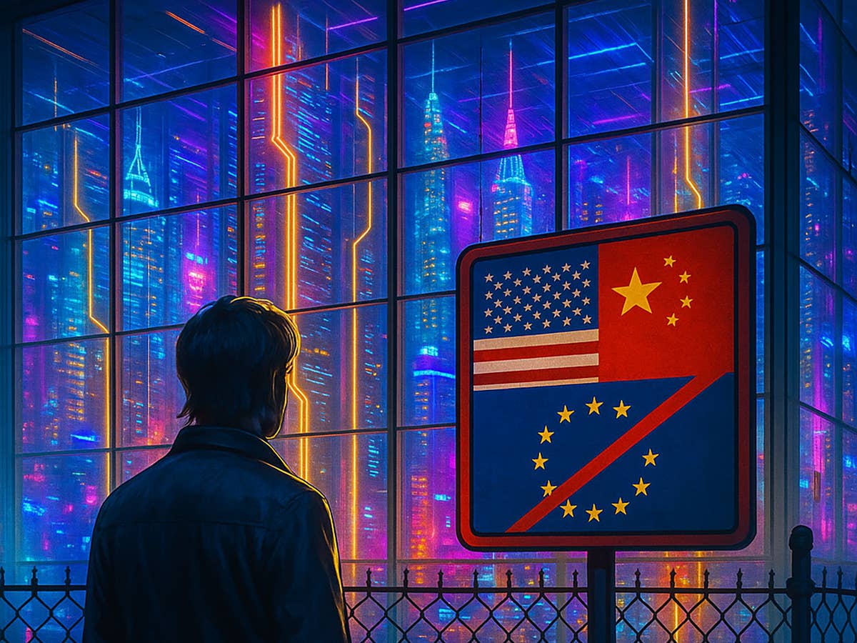 Ein Bürger steht vor einem die Zukunft symbolisierenden Hochhaus. Auf einem Schild sehen wir eine US- und eine China-Flagge, darunter ist die europäische Flagge durchgestrichen.