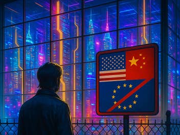Ein Bürger steht vor einem die Zukunft symbolisierenden Hochhaus. Auf einem Schild sehen wir eine US- und eine China-Flagge, darunter ist die europäische Flagge durchgestrichen.