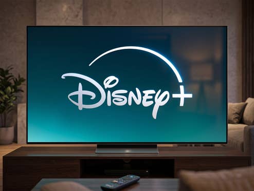 Disney-Plus-Logo auf einem modernen Fernseher in einem Wohnzimmer.