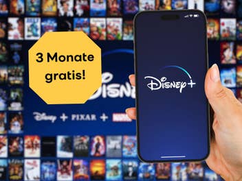 Disney+ auf einem Smartphone, daneben der Hinweis, dass es aktuell drei Gratismonate gibt