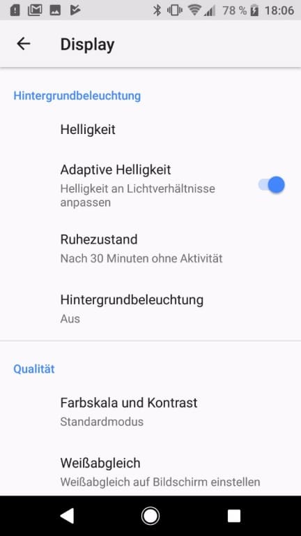 Display des Sony Xperia XZ1: Einstellungen und Blickwinkelstabilität