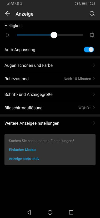 Screenshot der Display-Einstellungen des Huawei Mate 20 Pro