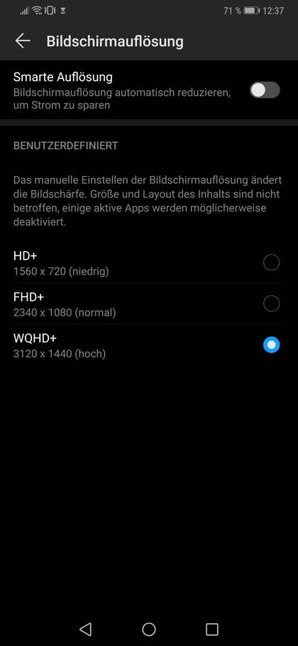 Screenshot der Display-Einstellungen des Huawei Mate 20 Pro