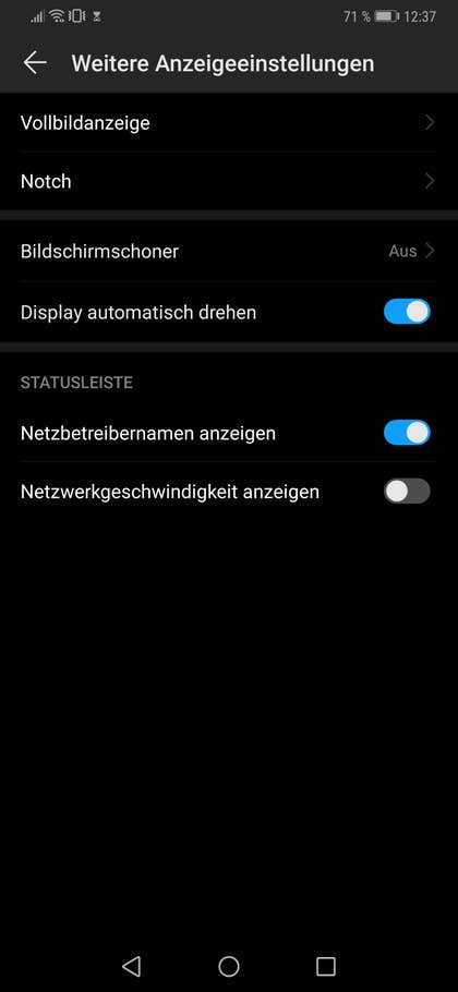 Screenshot der Display-Einstellungen des Huawei Mate 20 Pro