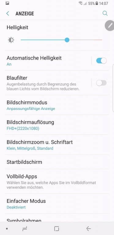 Display-Einstellungen des Galaxy Note 8