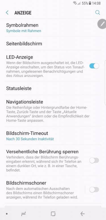 Display-Einstellungen des Galaxy Note 8