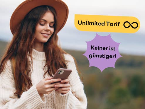 Frau mit einem Smartphone in der Hand, daneben ein Text mit "Unlimited Tarif" und "keiner ist günstiger"