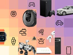Kachelmuster auf dem Icons und Fotos zu folgenden Produktarten zu sehen sind: Smartwatches, Saug- und Wisch-Robotern, Klemmbausteinen, Spielekonsolen, In-Ear-Kopfhörern, WLAN-Routern, E-Autos und Handys