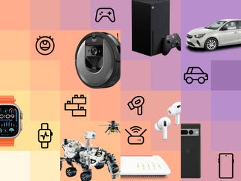 Kachelmuster auf dem Icons und Fotos zu folgenden Produktarten zu sehen sind: Smartwatches, Saug- und Wisch-Robotern, Klemmbausteinen, Spielekonsolen, In-Ear-Kopfhörern, WLAN-Routern, E-Autos und Handys