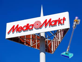 Mediamarkt-Schild und Dyson-Sauger