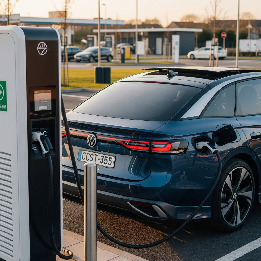 E-Auto lädt an einer Schnellladesäule.