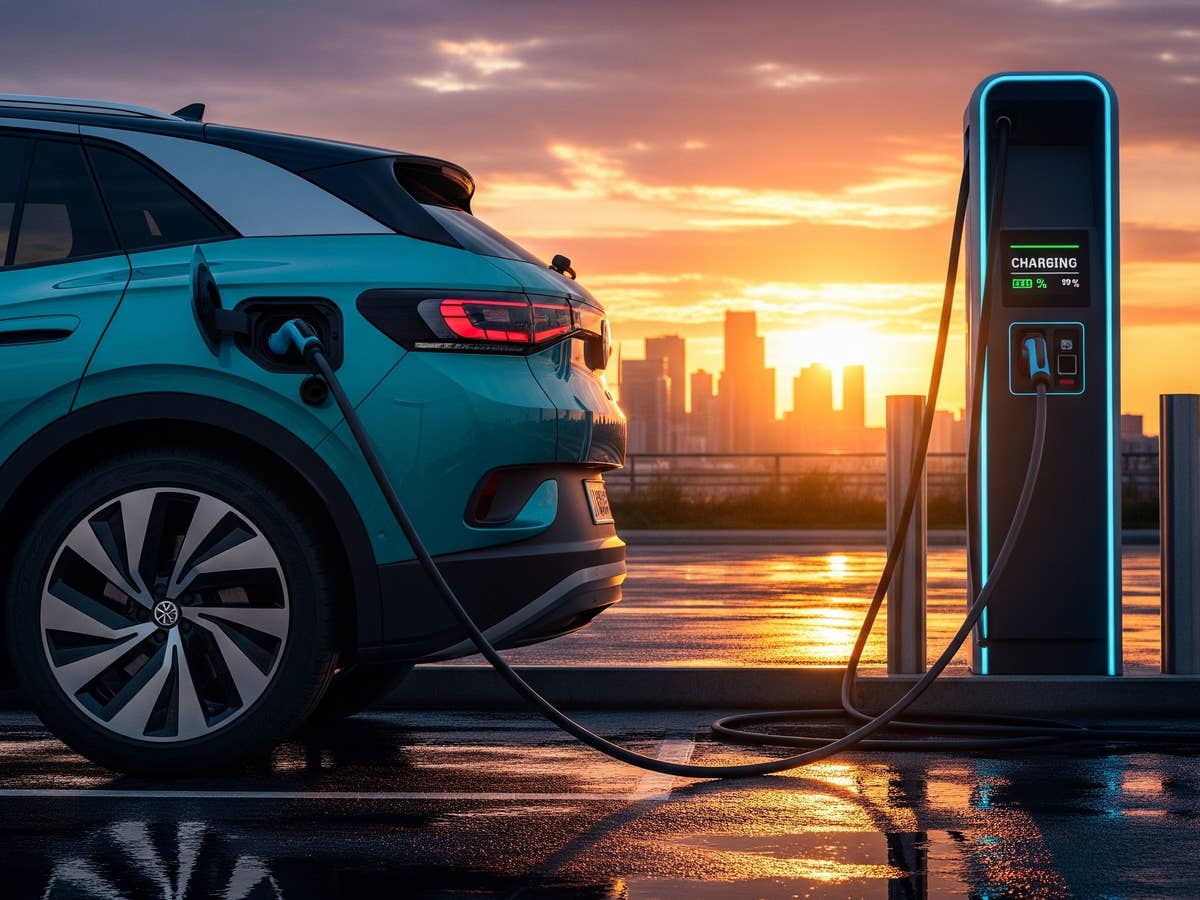 E-Auto steht an einer Ladesäule im Sonnenuntergang.