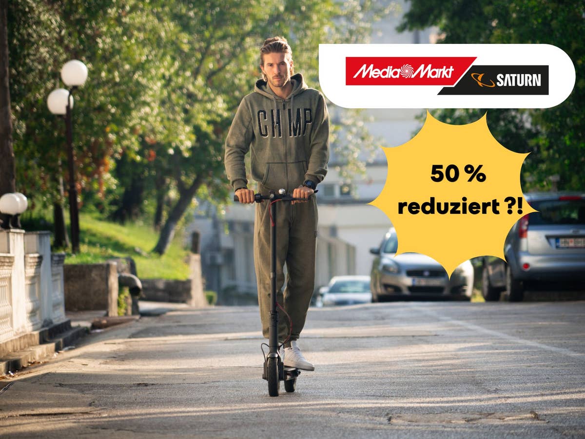 50 Prozent Rabatt bei MediaMarkt: Xiaomi E-Scooter mit 70 km Reichweite jetzt für 399 Euro Ein Mann fährt auf einem E-Scooter auf einer Straße