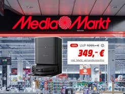 MediaMarkt-Store im Hintergrund, davor ein Ecovacs-Saugroboter mit einem aktuellen Angebotspreis von 349 Euro