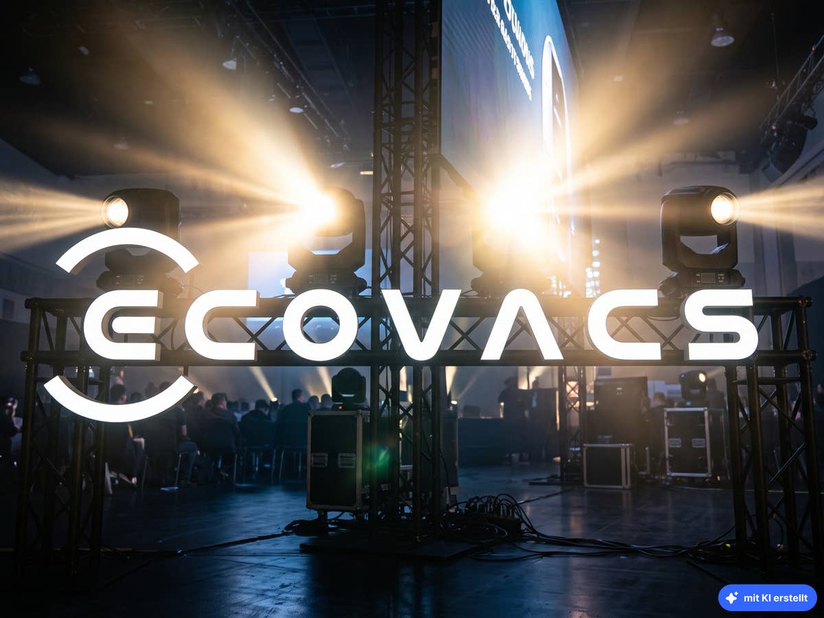 Ecovacs-Saugroboter Ecovacs-Schriftzug vor Scheinwerfer