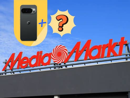 MediaMarkt-Filiale mit Logo, darüber ein Google Pixel 10 Pro und ein Fragezeichen