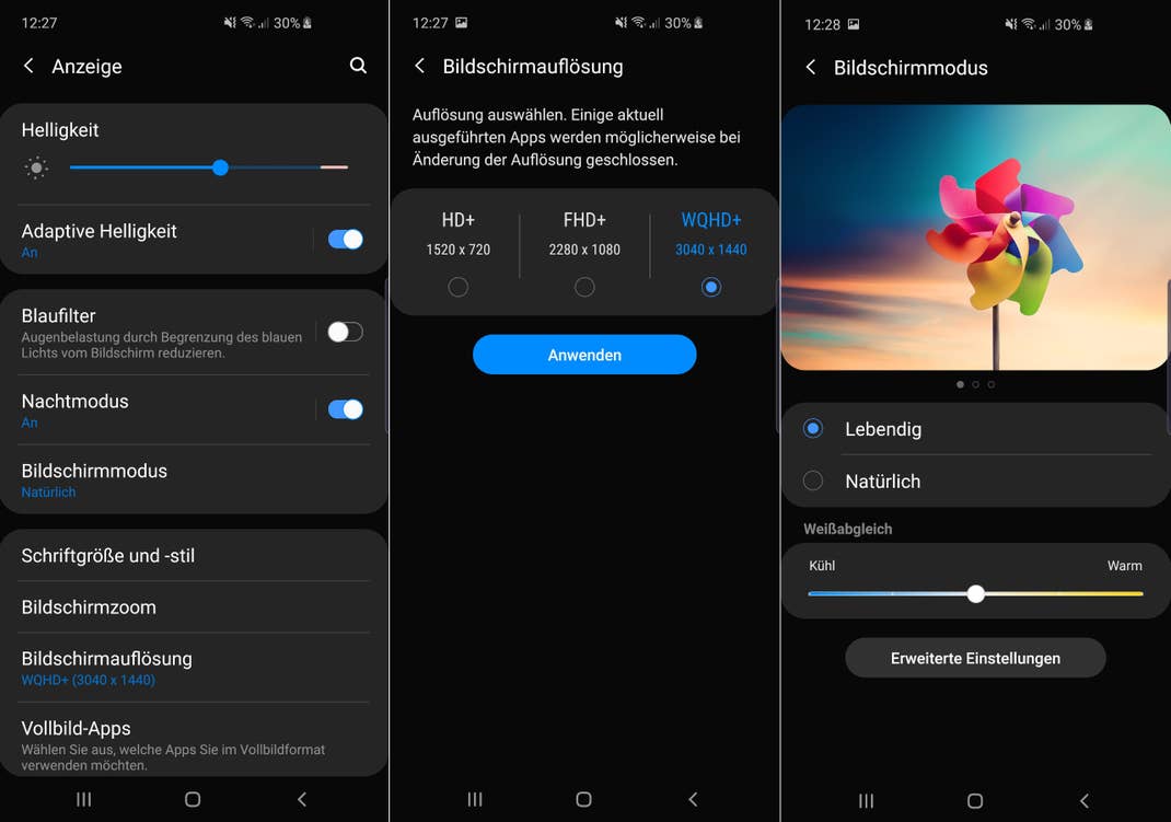 Drei Screenshots zeigen die Display-Einstellungen des Samsung Galaxy S10