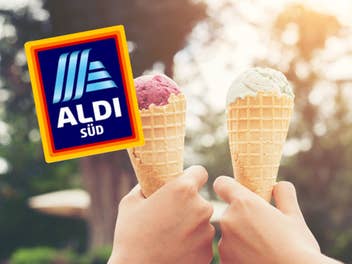 Eiscreme-Waffeln und Aldi-Logo