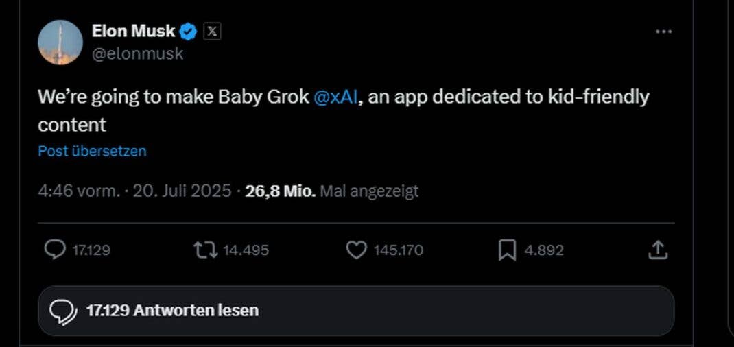 Elon Musk tweetet über die Erstellung von Baby Grok, einer App für kinderfreundliche Inhalte.