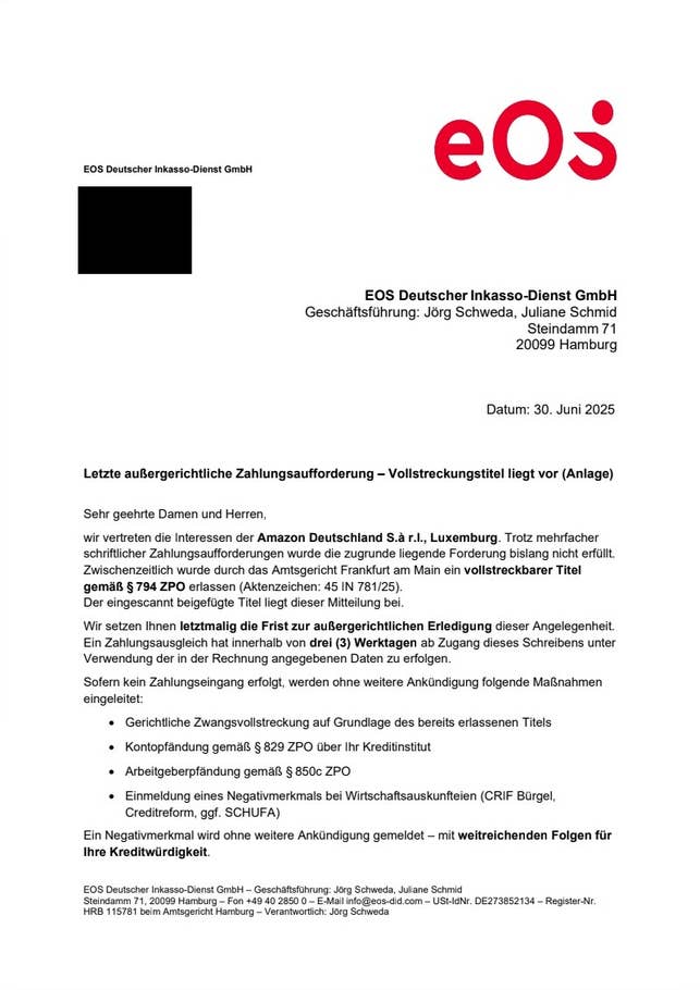 Inkasso-Brief von EOS