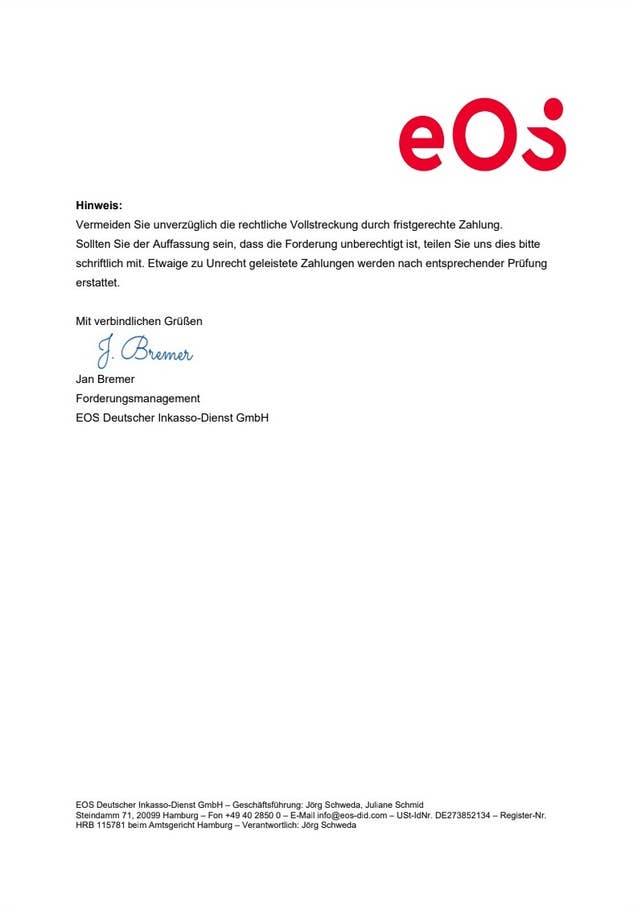 Inkasso-Brief von EOS