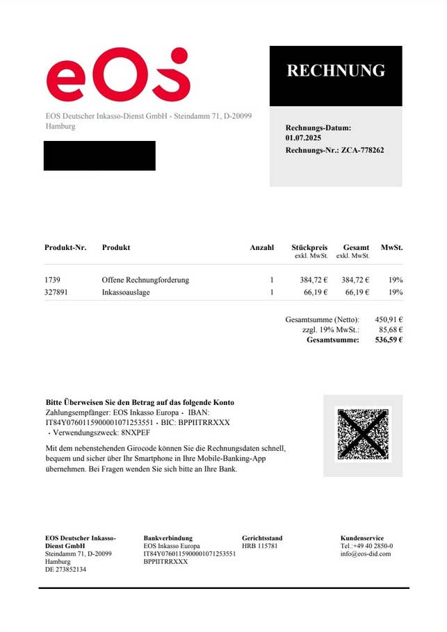 Inkasso-Brief von EOS