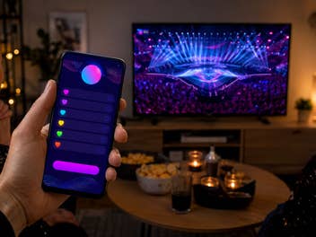 Blick in ein Wohnzimmer mit dem ESC auf einem TV