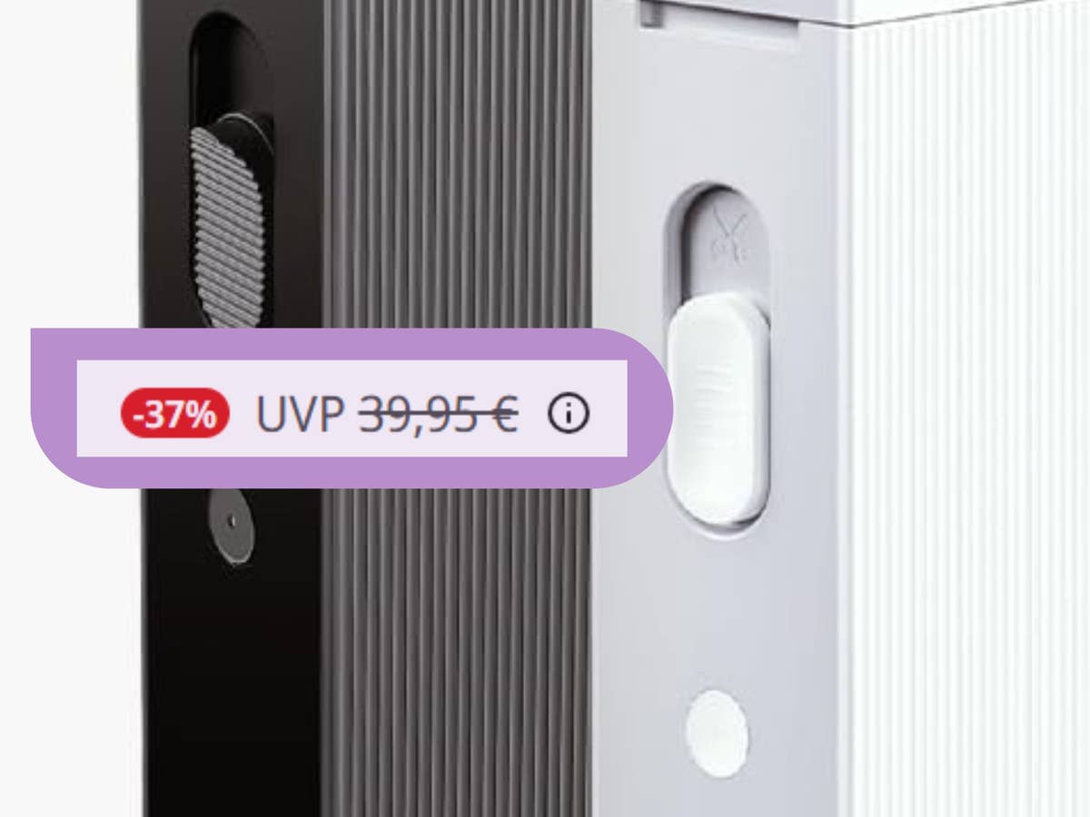 Nahaufnahme des Etikettendruckers P22 von Olympia, Eingeblendeter Hinweis auf 37 Prozent Rabatt bei MediaMarkt