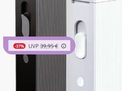 Nahaufnahme des Etikettendruckers P22 von Olympia, Eingeblendeter Hinweis auf 37 Prozent Rabatt bei MediaMarkt