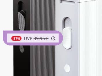 Nahaufnahme des Etikettendruckers P22 von Olympia, Eingeblendeter Hinweis auf 37 Prozent Rabatt bei MediaMarkt