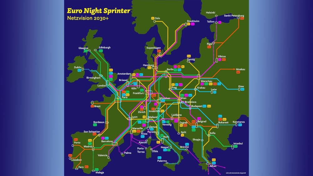 Grafik zu möglichen Nachtzugverbindungen durch Europa